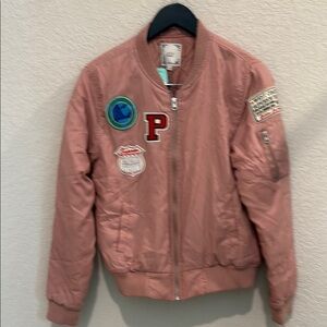 Iris Vintage style Pink Bomber Jacket with Patches Size L NWT